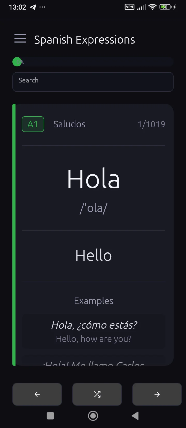 Spanish Expressions — expression card on Android