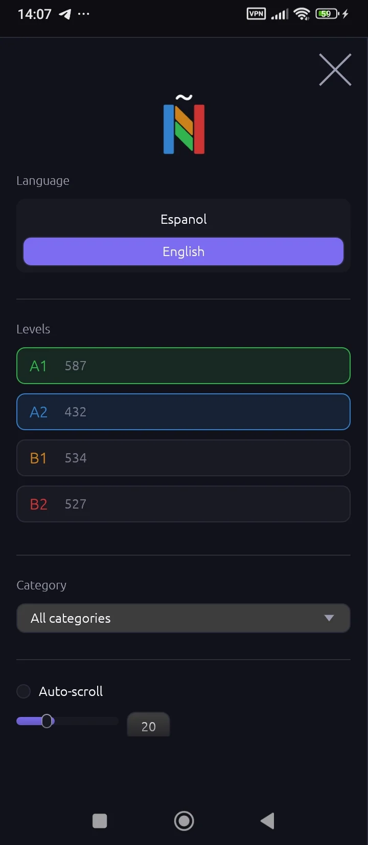 Spanish Expressions — settings on Android